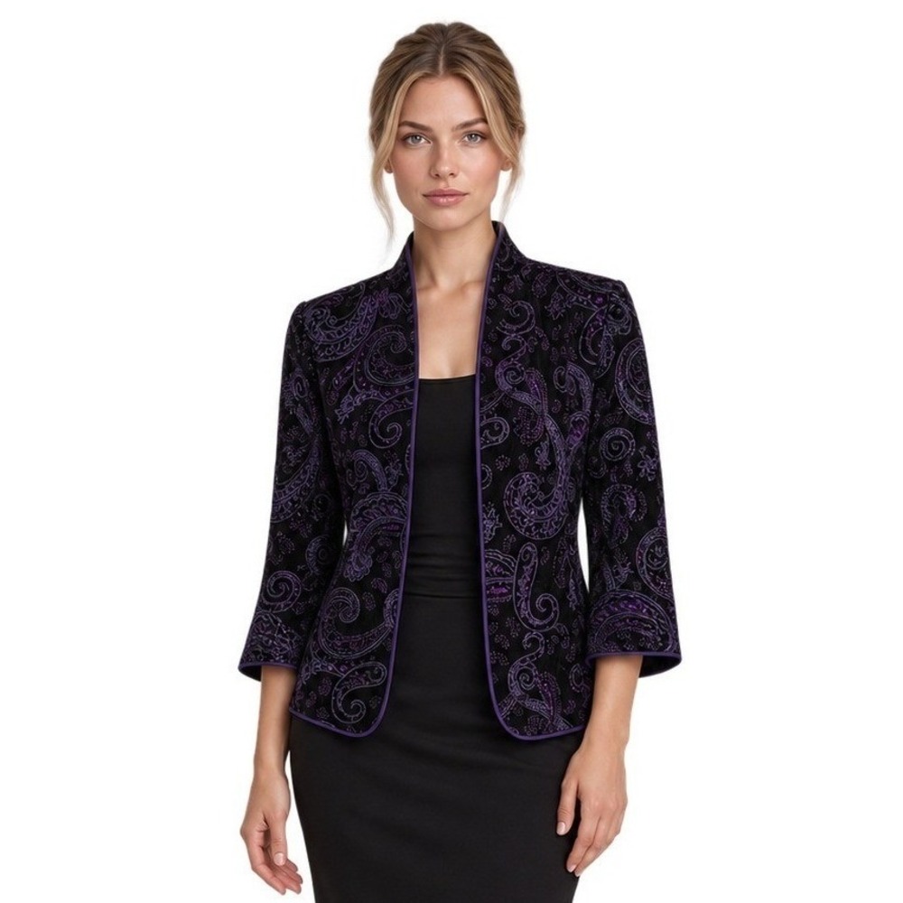 Alex Evenings Jacket Womens Size XL Black Purple Paisley Glitter Open Blazer Top